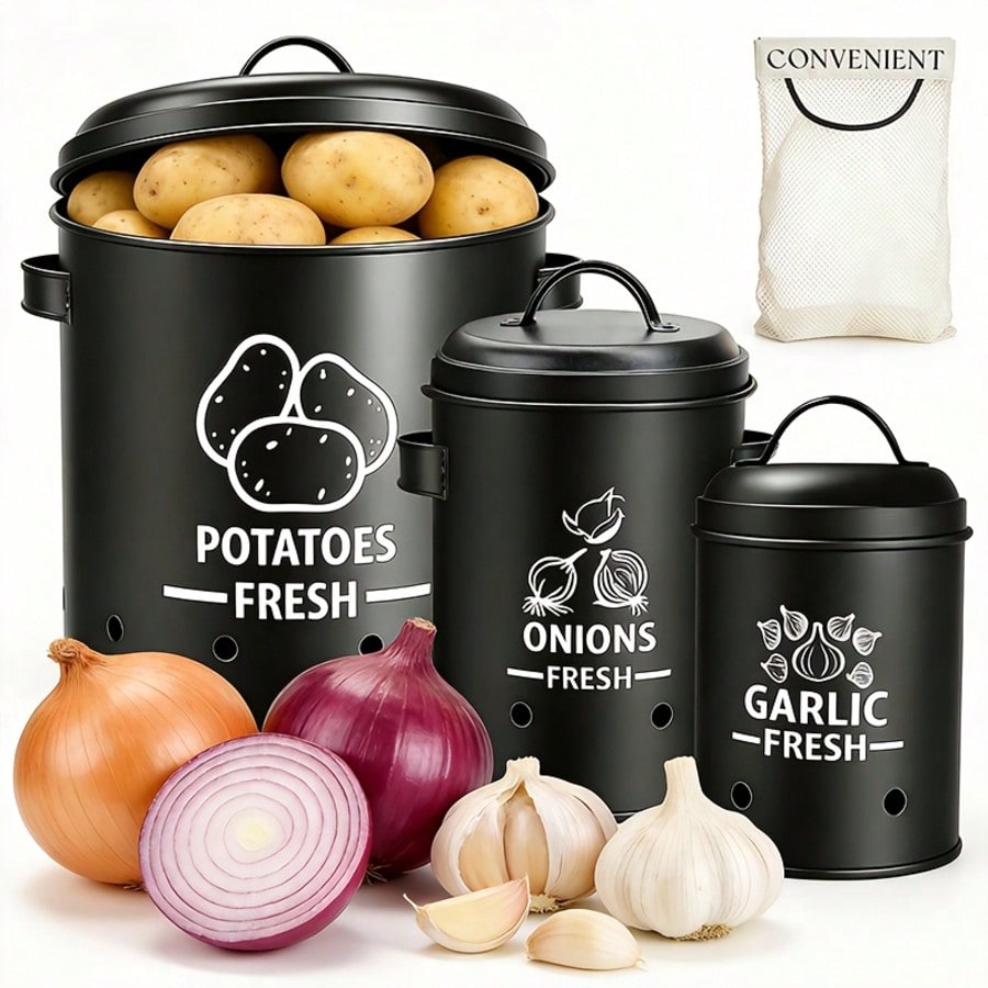 Kitchen Appliances Organizer - 감자 양파 마늘 보관함 세트, 농가풍