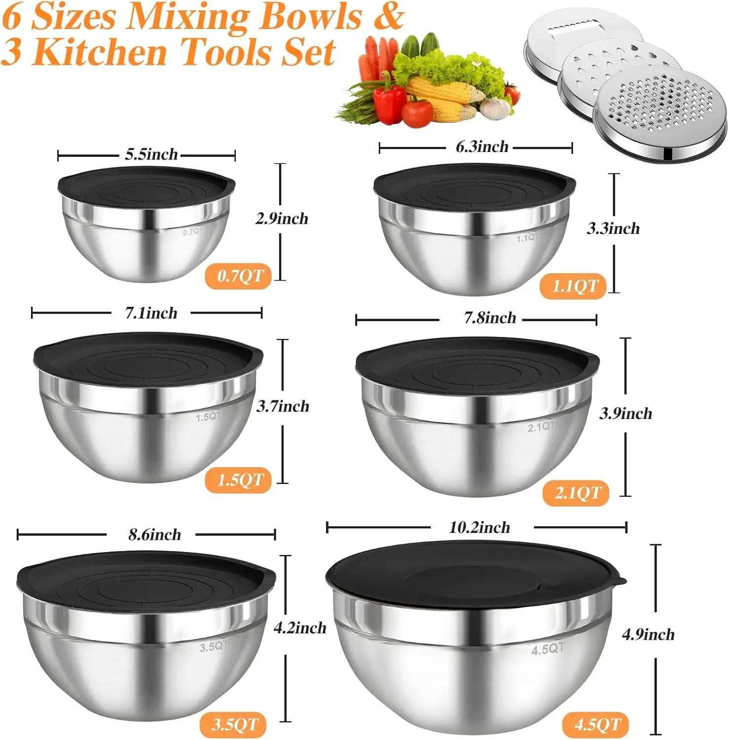6개 스테인리스 스틸 믹싱 볼 세트 (밀폐 뚜껑 포함) - Kitchen Appliances Organizer 리뷰 및 가격